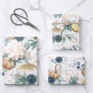 Pumpkins Succulents Gold Grüne Eukalyptus Fall Geschenkpapier Set