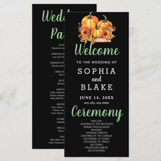 Pumpkins & Sunflowers Fall Black Wedding Program (Vorne/Hinten)