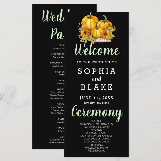Pumpkins & Sunflowers Fall Black Wedding Program (Vorne/Hinten)