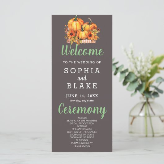 Pumpkins & Sunflowers Fall Gray Wedding Program (Stehend Vorderseite)