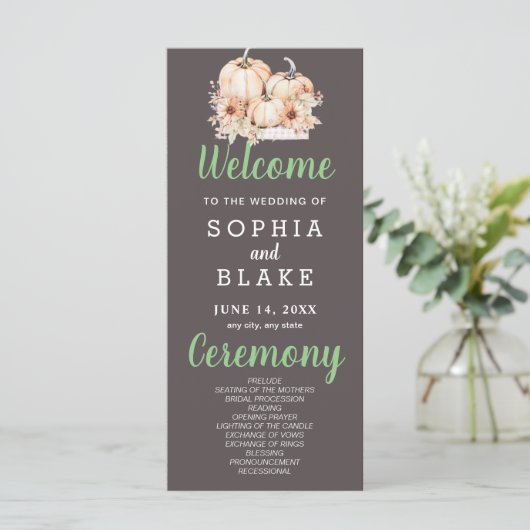 Pumpkins & Sunflowers Fall Gray Wedding Program (Stehend Vorderseite)