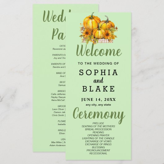 Pumpkins & Sunflowers Fall Green Wedding Program (Vorne/Hinten)