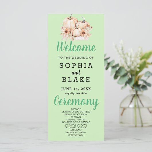 Pumpkins & Sunflowers Fall Green Wedding Program (Stehend Vorderseite)