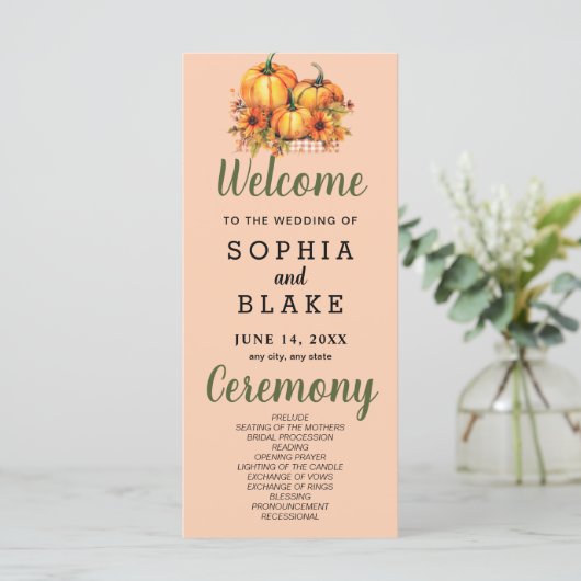 Pumpkins & Sunflowers Fall Orange Wedding Program (Stehend Vorderseite)