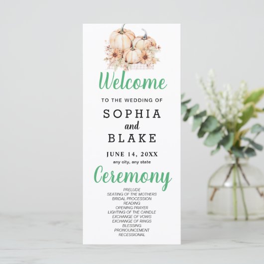 Pumpkins & Sunflowers Fall White Wedding Program (Stehend Vorderseite)