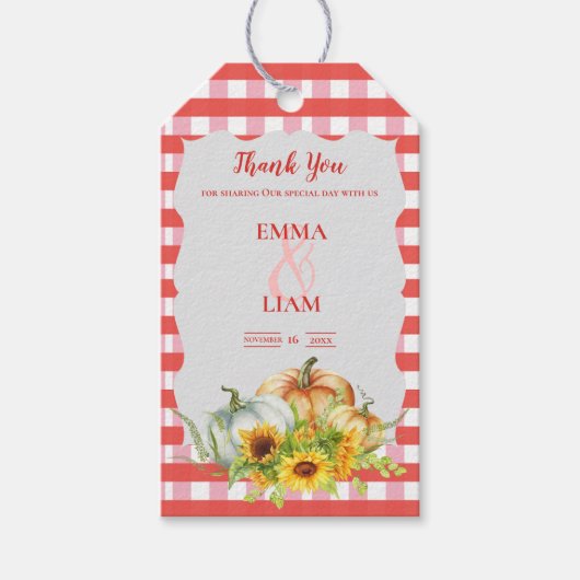 Pumpkins Sunflowers Rustic Fall Wedding Thank You Geschenkanhänger (Vorderseite)