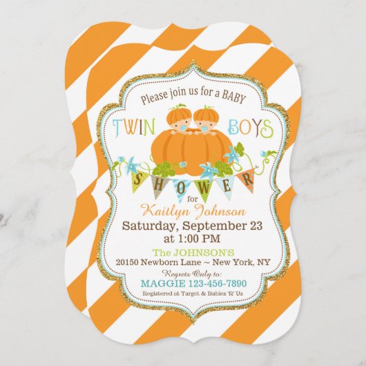 Pumpkins Twin Boys Fall Baby Einladungen (Vorne/Hinten)