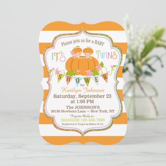 Pumpkins Twins Fall Babydusche Einladungen (Stehend Vorderseite)