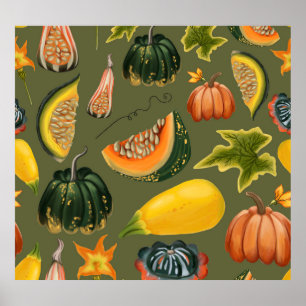 Pumpkins und Blätter: Grünpflanzen im Herbst Poster
