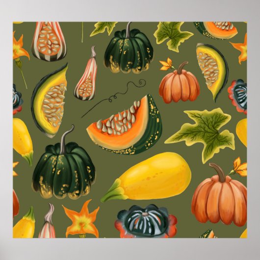 Pumpkins und Blätter: Grünpflanzen im Herbst Poster (Vorne)