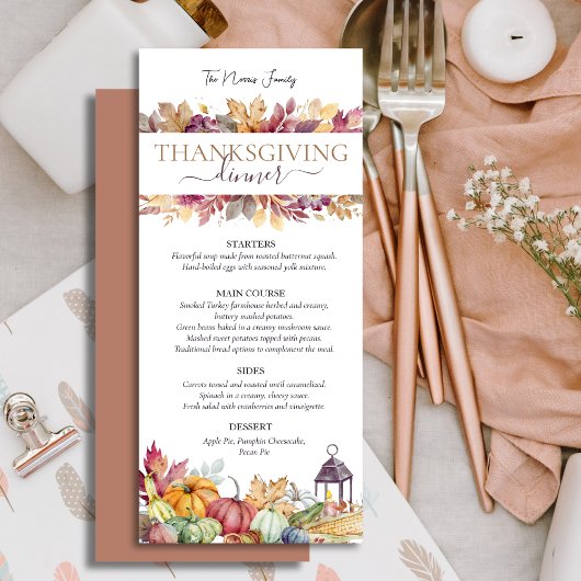 Pumpkins und Herbstlaub Rustikales Erntedank Menü Menükarte