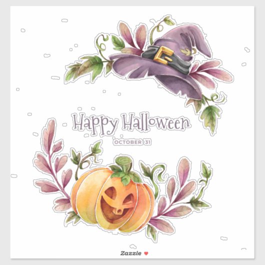 Pumpkins und Hexenhut, Halloween-Kranz Aufkleber (Blatt)