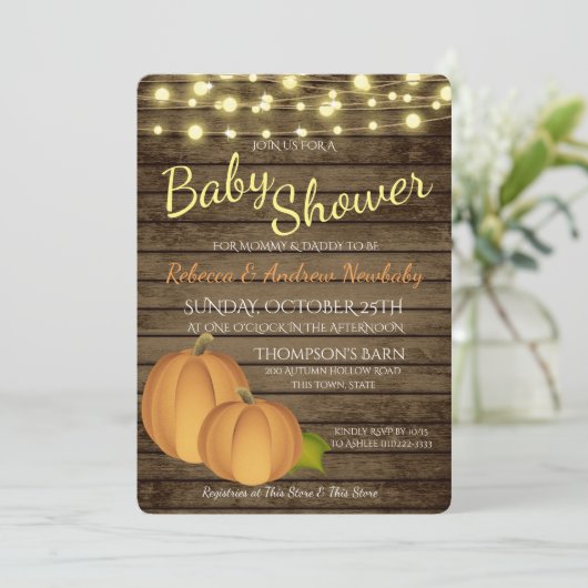 Pumpkins und Lichter Rustikale Herbstdusche Einladung (Stehend Vorderseite)