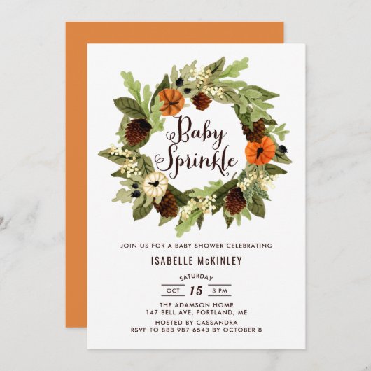 Pumpkins und Pinecones Wreath Fall Baby Sprinkle Einladung (Vorne/Hinten)
