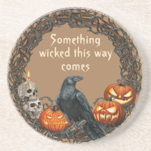Pumpkins und Raven Halloween Wreath Getränkeuntersetzer