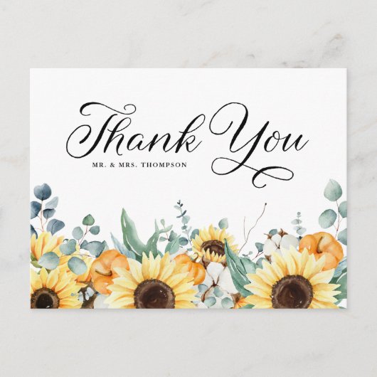 Pumpkins und Sonnenblumen Hochzeit im Herbst Danke Postkarte (Vorderseite)