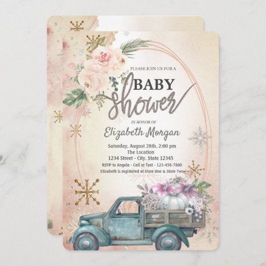 Pumpkutscher, Blume, Schneeflocken Babydusche Einladung (Vorne/Hinten)