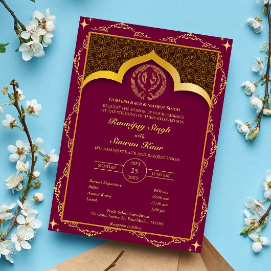 Punjabi Sikh Wedding Anand Karaj Floral Einladung