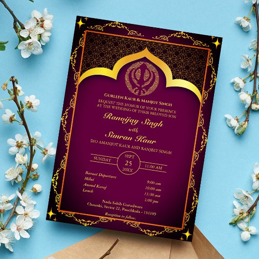 Punjabi Sikh Wedding Anand Karaj Floral Einladung