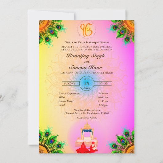Punjabi Sikh Wedding Anand Karaj Peacock Feather Einladung (Vorderseite)