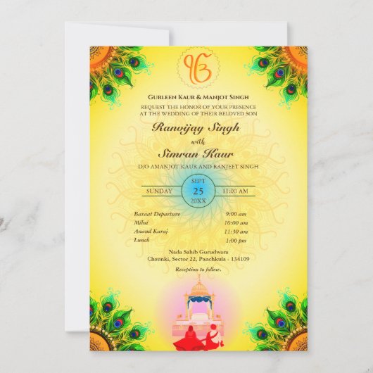 Punjabi Sikh Wedding Anand Karaj Peacock Feather Einladung (Vorderseite)