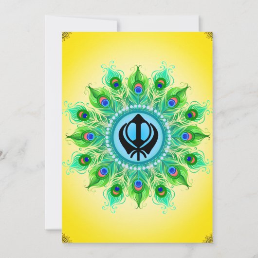 Punjabi Sikh Wedding Anand Karaj Peacock Feather Einladung (Rückseite)