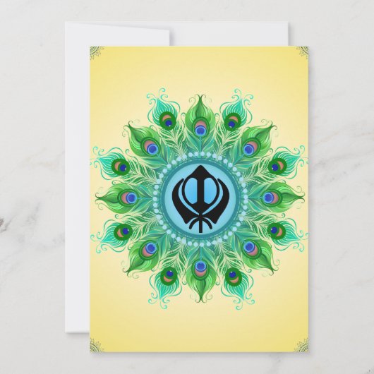 Punjabi Sikh Wedding Anand Karaj Peacock Feather Einladung (Rückseite)