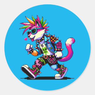 Punk Cat Attitude - Design für Coole Pixel Art Reb Runder Aufkleber