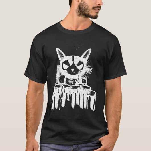 Punk Cat Playing Drums Art T-Shirt (Vorderseite)
