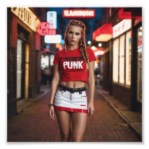 Punk Logo platziert Girl in Torn Red White Skirt Fotodruck