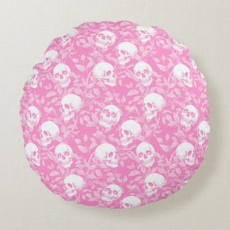 Punk Mädchen Gothic rosa Totenköpfe & Laub Hallowe Rundes Kissen