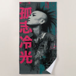 Punk-Porträt mit Kanji 孤志冷光 – urbane Street Art Strandtuch