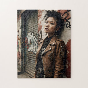 Punk Rock Asian Woman Retro Rebel Puzzle