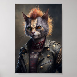 Punk Rock Cat Portrait, Animal Cat Ilustration Poster