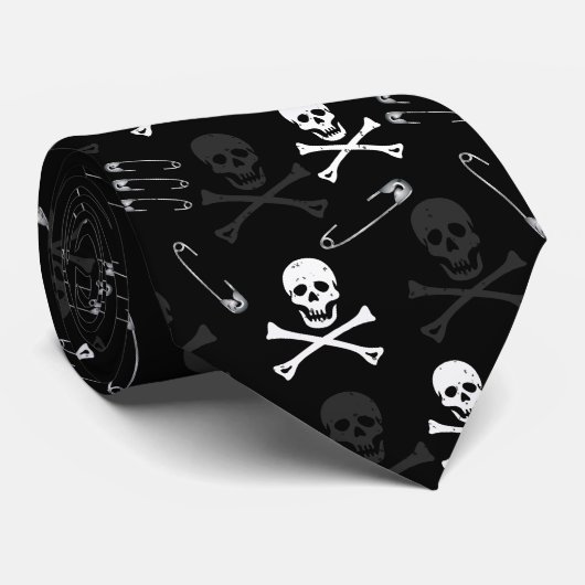 Punk Rock Skulls und Safety Buttons Muster Krawatte (Gerollt)
