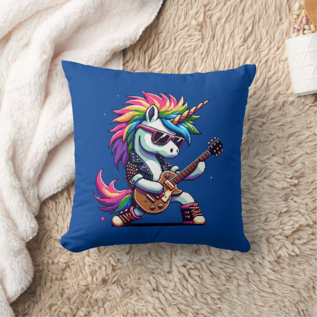 Punk Rock Unicorn Farbiges Pixel Art Guitar Design Kissen (Decke)