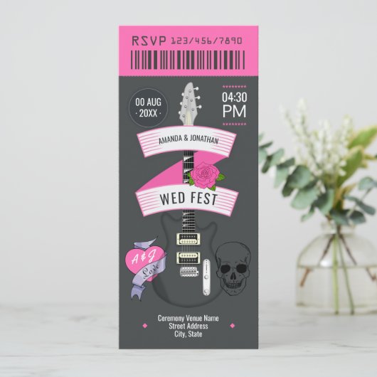 Punk Romance Rock ’n’ Roll Wedding Ticket Einladung (Stehend Vorderseite)