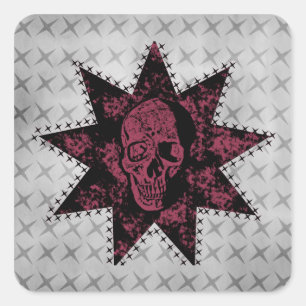 Punk Skull Square Sticker, Schwarz und Dunkelrosa Quadratischer Aufkleber