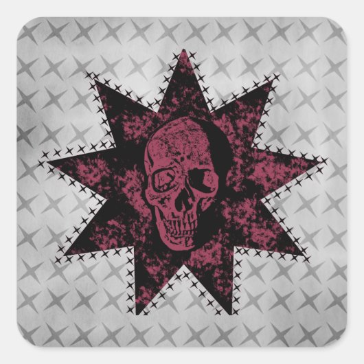Punk Skull Square Sticker, Schwarz und Dunkelrosa Quadratischer Aufkleber (Vorderseite)