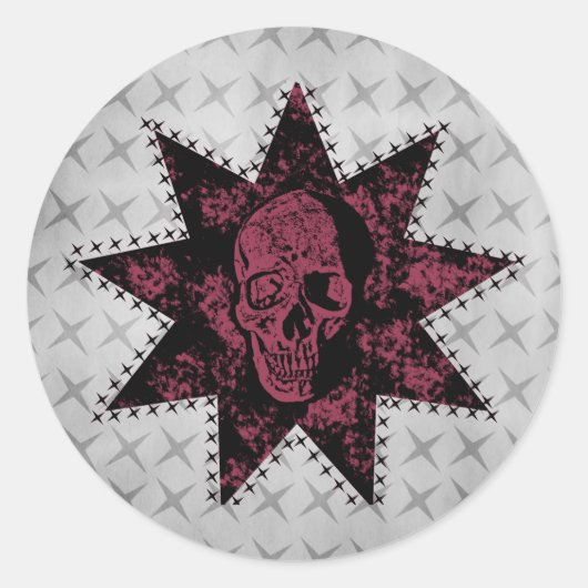 Punk Skull Stickers, Schwarz und Dunkelrosa Runder Aufkleber (Vorderseite)