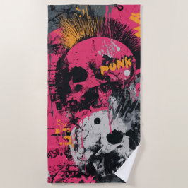 Punk-Totenkopf-Graffiti-Collage in Rosa und Gelb Strandtuch