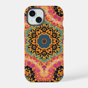 Punkt-Mandala Rosa Blau Schwarz und Gelb iPhone 15 Hülle