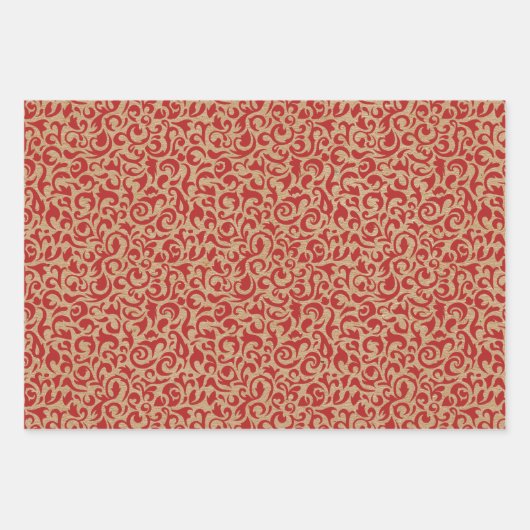 Punkte mit roter grüner Damaske auf brauner Kraft  Geschenkpapier Set (Vorderseite)