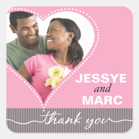 Punktiertes Herz-Foto danken Ihnen rosa Grau Quadratischer Aufkleber (Vorderseite)