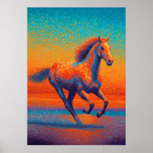 Punktualismus-Strand-Sonnenuntergang mit laufendem Poster