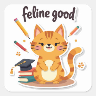 Punny 'Feline Good' Zurück zur Schulkatze Quadratischer Aufkleber