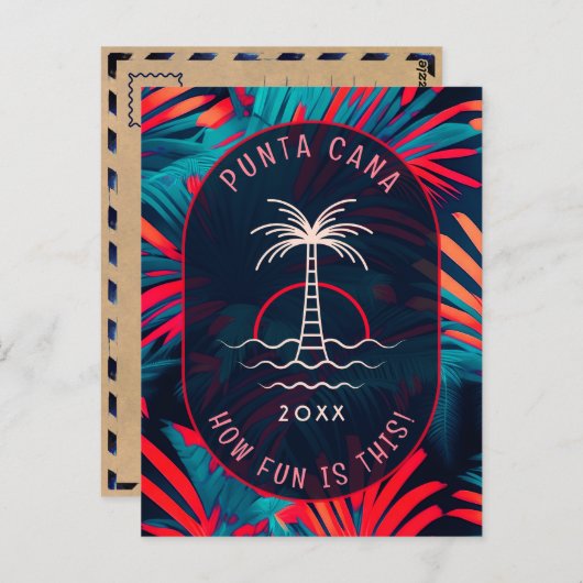 Punta Cana Beach Party Palm Blätter Sonnenuntergan Postkarte (Vorne/Hinten)