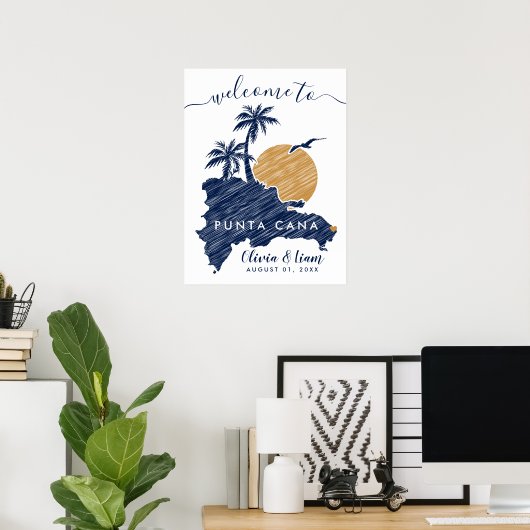 Punta Cana Custom Navy Minimalistisch Map Wedding Poster (Heimbüro)