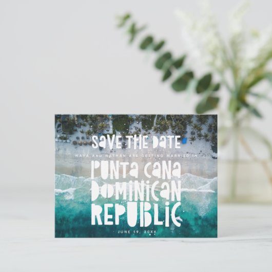 Punta Cana Dominican Beach Wedding Save the Date Ankündigungspostkarte (Stehend Vorderseite)