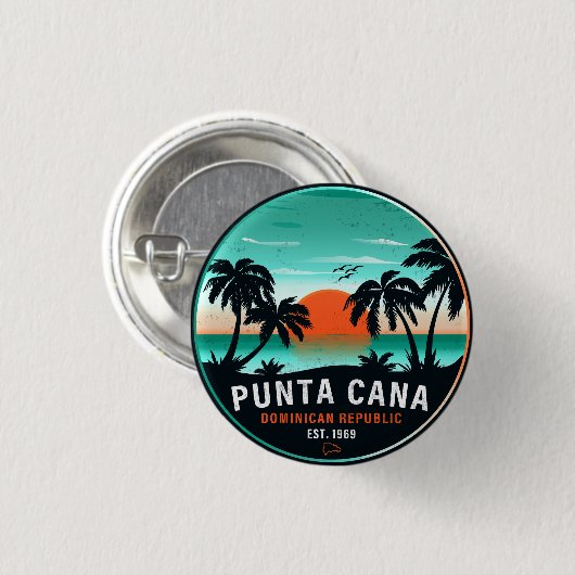 Punta Cana Dominican Palm Tree Retro Sunset 60er Button (Vorne & Hinten)